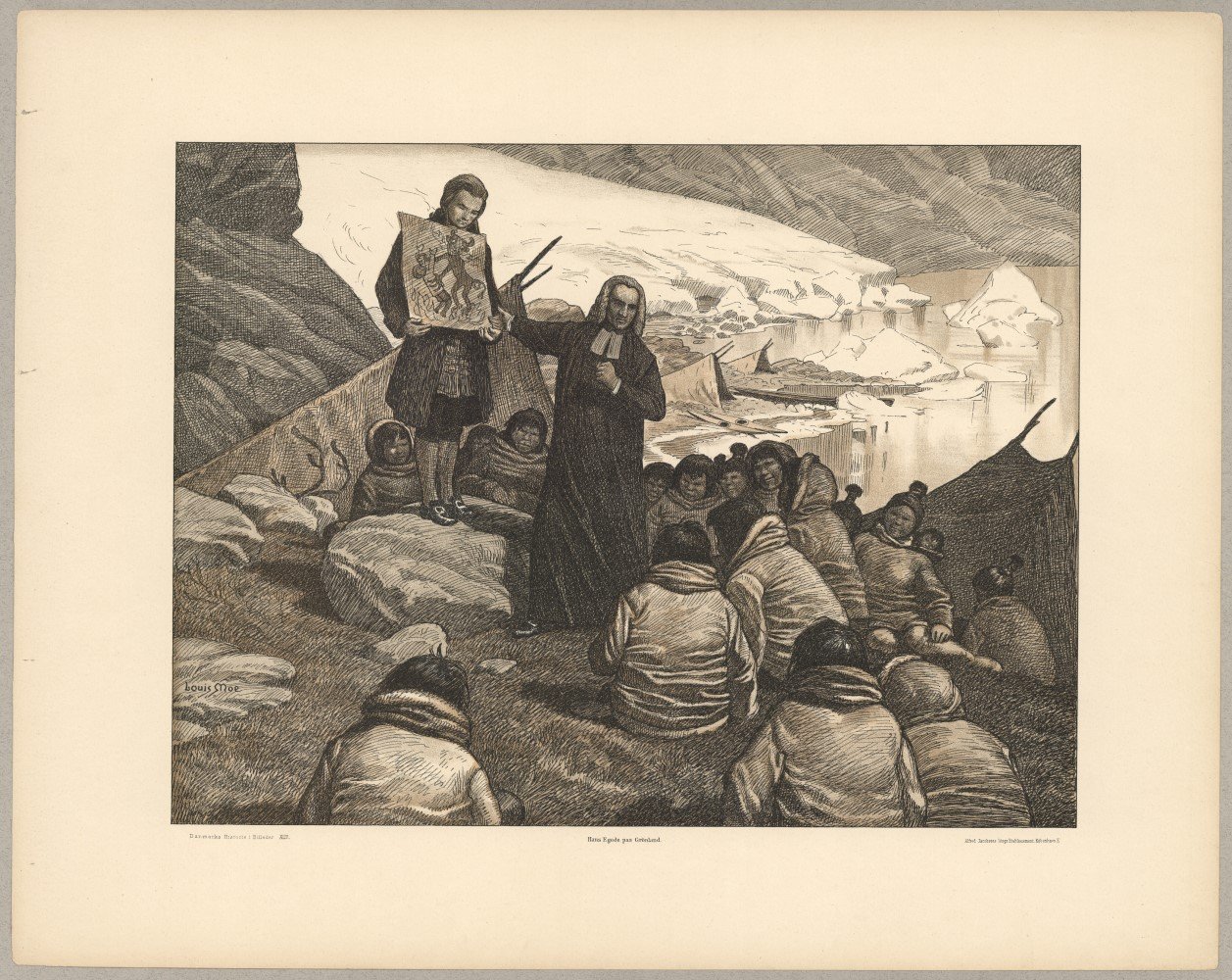 Hans Egede az inuitok között térít. Itt éppen az ördögről mutat nekik képet. 1898-as litográfia. Forrás. Wikipedia-LOUIS MOE/DANSK SKOLEMUSEUM/AU LIBRARY