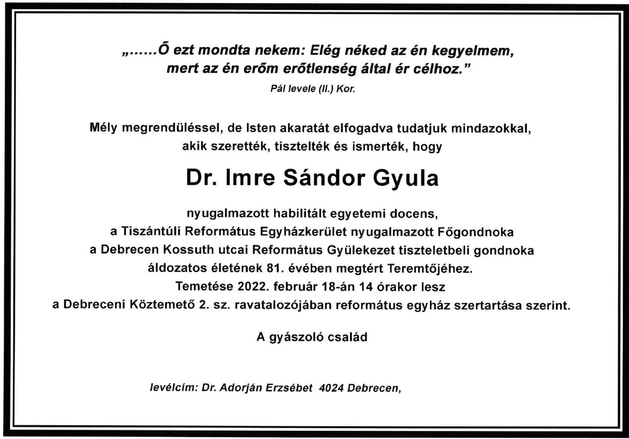 gyászhír imre sándor gyula